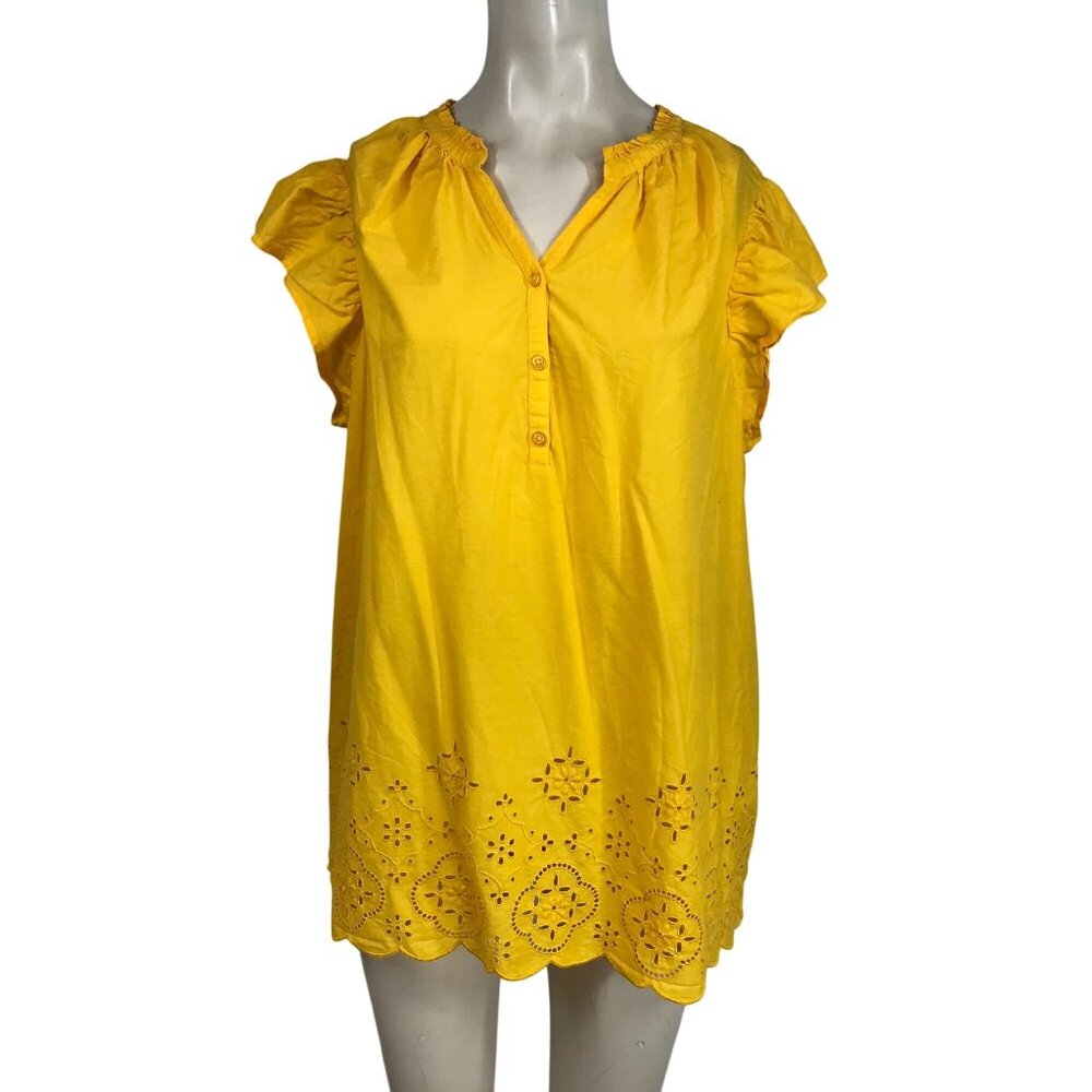 LANE BRYANT - WOMEN'S 14/16 -YELLOW V NECK SHORT CAP SLEEVES 100% COTTON TOP